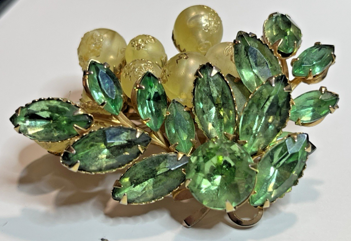Vintage Green Grapes Goldtone Brooch with Uranium Stone