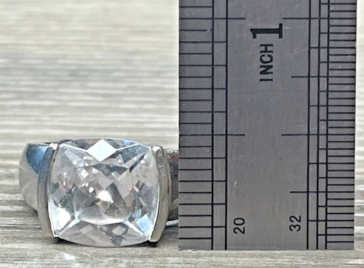 Big Large Clear CZ Cushion Cut Solitaire Vintage CI Sterling 925 Wide Ring SZ 8