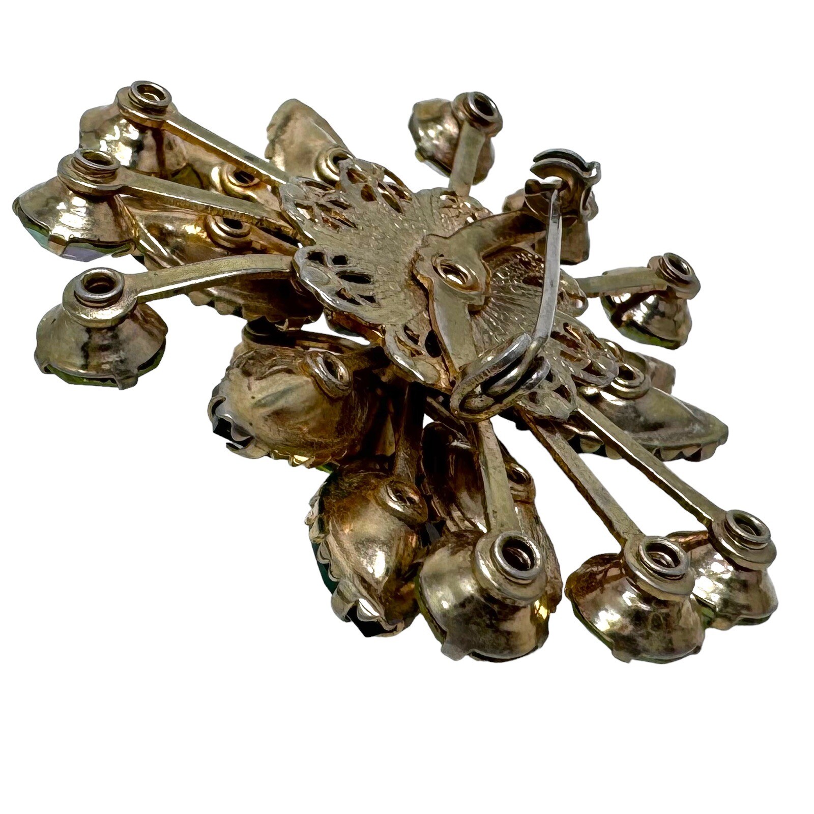 Vtg Gold Tone Light Dark Green Rhinestone Brooch Rivet Filigree Back Satellite