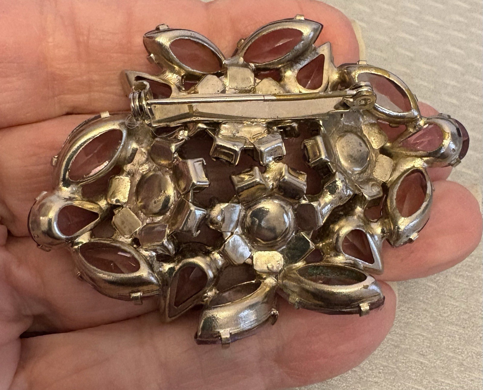 Vintage Smoky Lavendar AB Rhinestone Brooch Open Back Prong Set Cluster unsigned