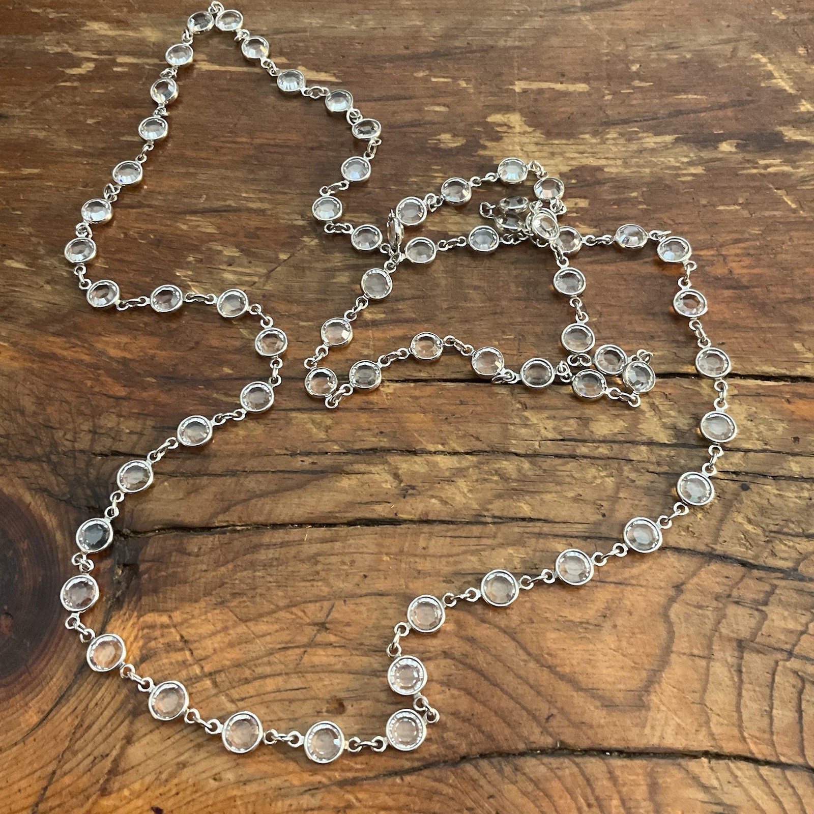 Vintage 36” Bezel Set Clear Austrian Crystal Open Back Discs Silver Tone