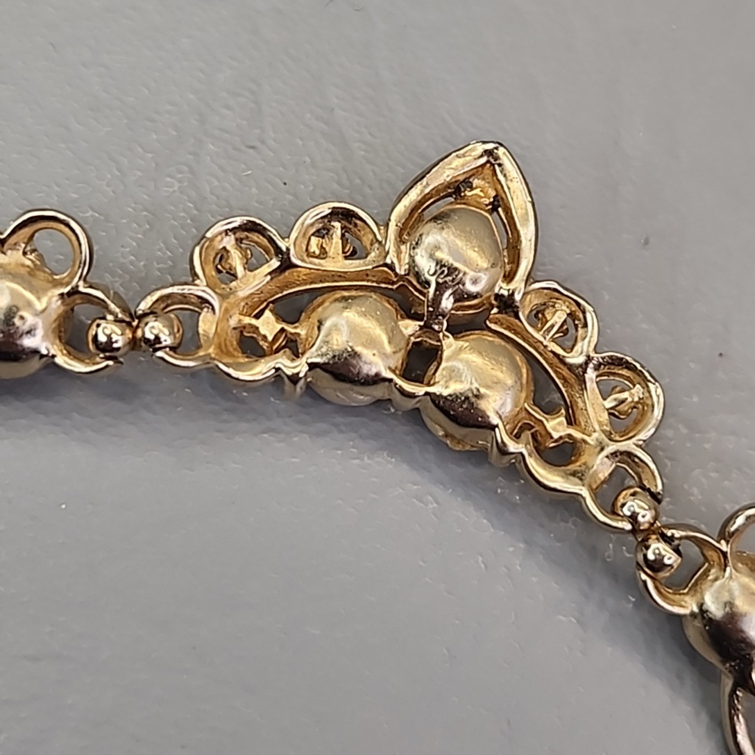 Vintage Coro Necklace Imitation Pearl Gold Tone Bar Link Chain Rhinestones 15.5″