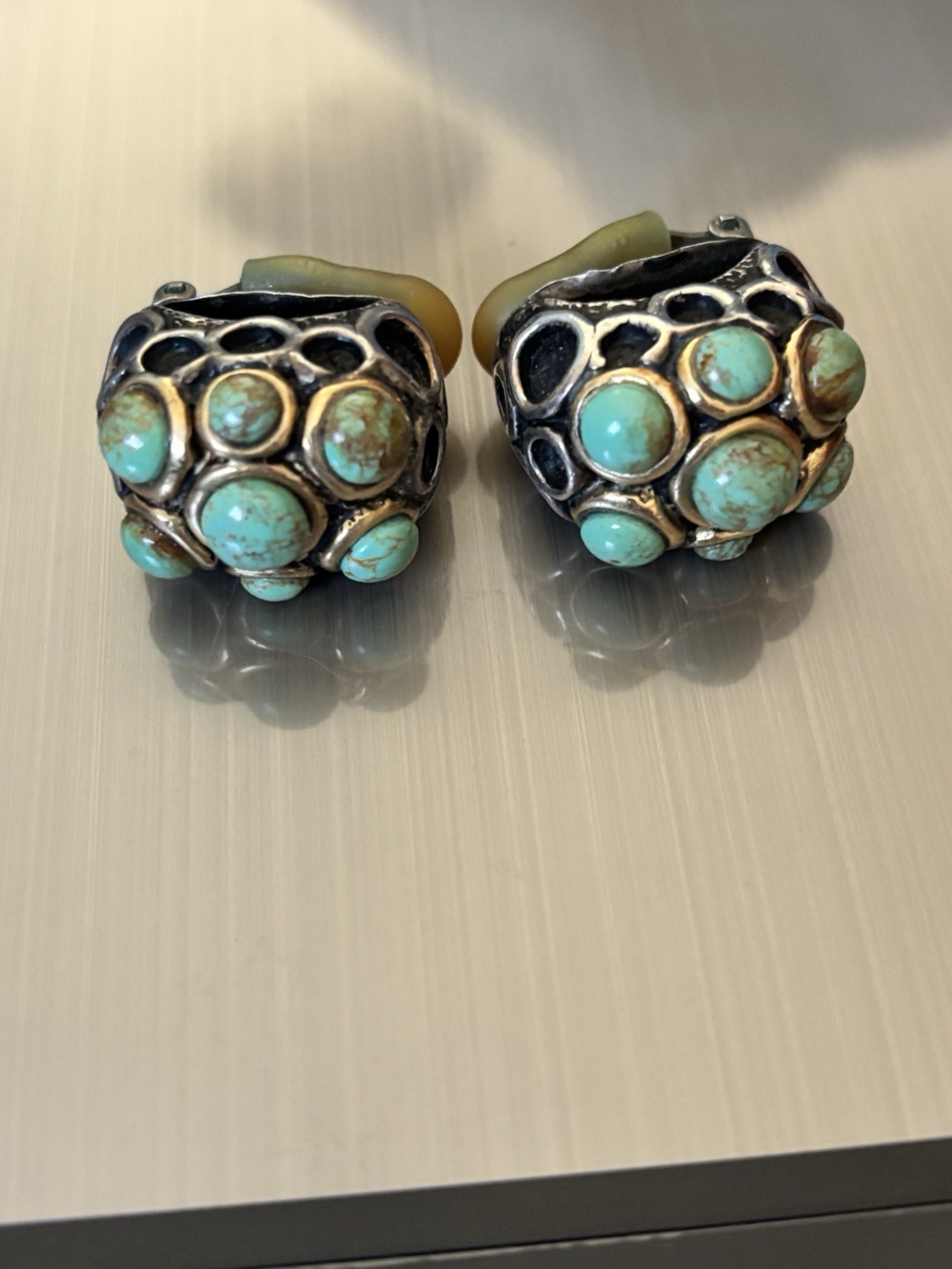 RARE DIAN MALOUF STERLING SILVER 14K Gold Turquoise Clipon Earrings 40 Grams