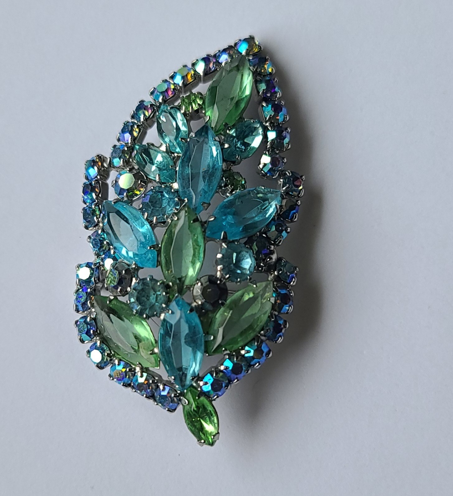VTG MCM Aque Blue & Lime Green Rhinestone Leaf Brooch Pin (Some AB Finish)