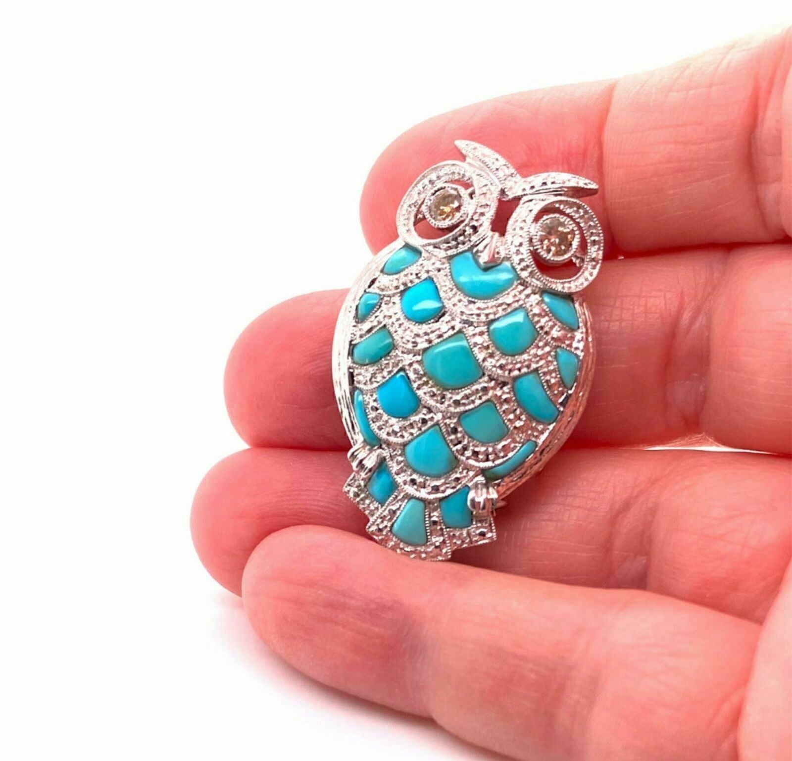 Champagne Diamond Turquoise Owl 18k White Gold Brooch Pendant