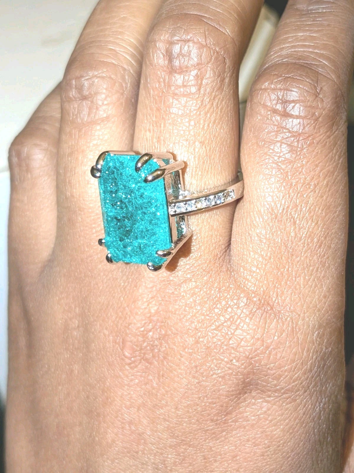 Shiny 10 CT Emerald Cut Lab-Created Paraiba Tourmaline Ring 925 Sterling Silver
