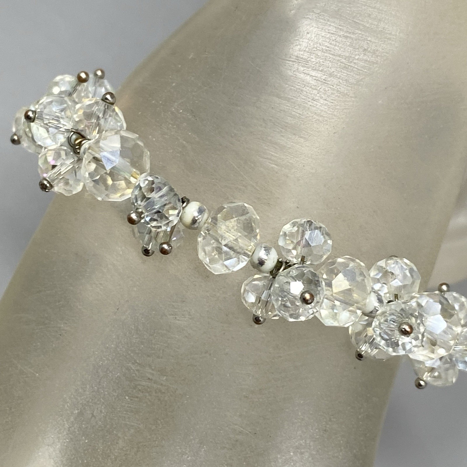 VTG Clear Glass Bead Cluster Bracelet Stretch Fire Polished AB Coated Retro 6.75