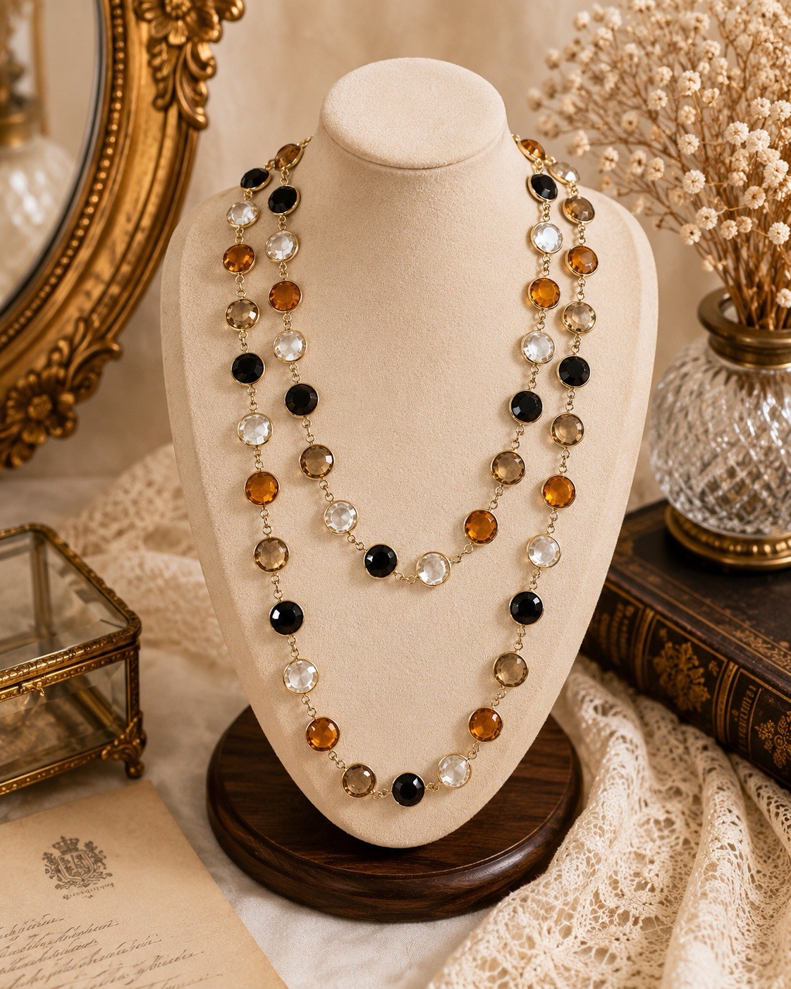 Long Gold Tone Station Necklace Amber Black Clear Faceted Crystal Bezel Set 36”