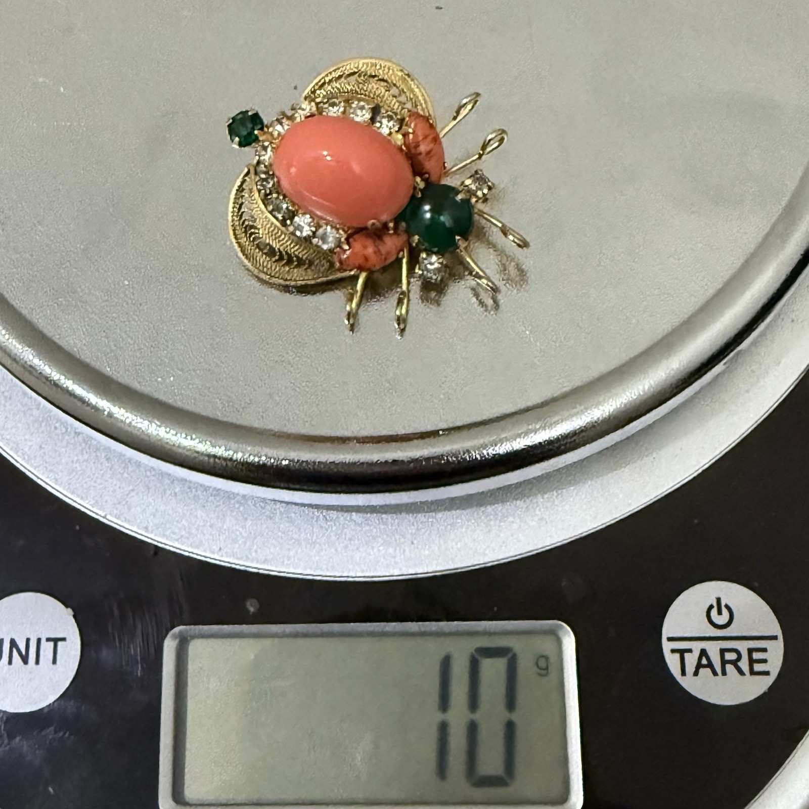 Rare Juliana Delizza & Elster Faux Coral Cabochon Rhinestones Beetle Bug Brooch