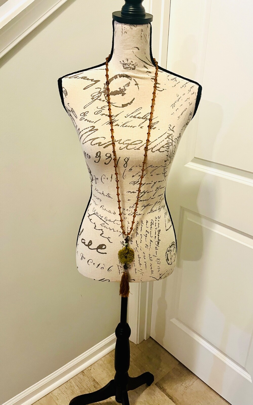 Vintage MCM Jade Pendant Necklace With Amber Glass Beads & Silk Tassel, STUNNING