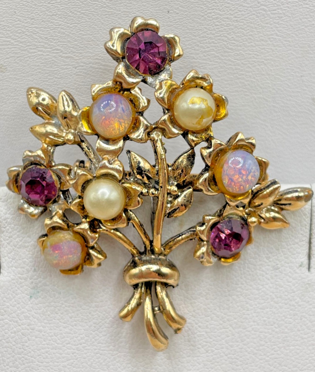 VTG MCM Gold-tone Floral Bouquet Faux Opal Pearl rhinestone brooch