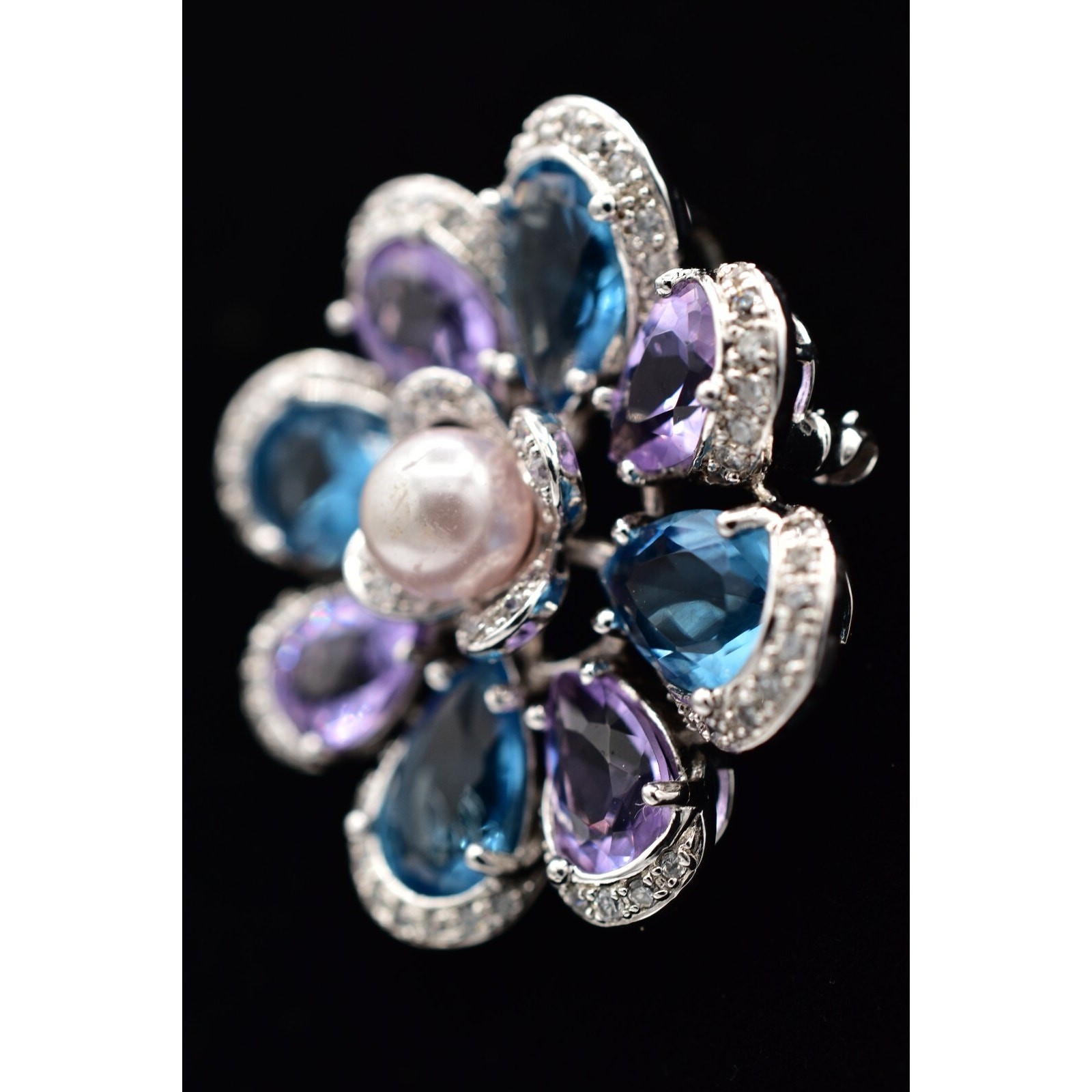 925 Sterling Silver Crystal Flower Pendant Pin Brooch Purple Blue Signed BinBI
