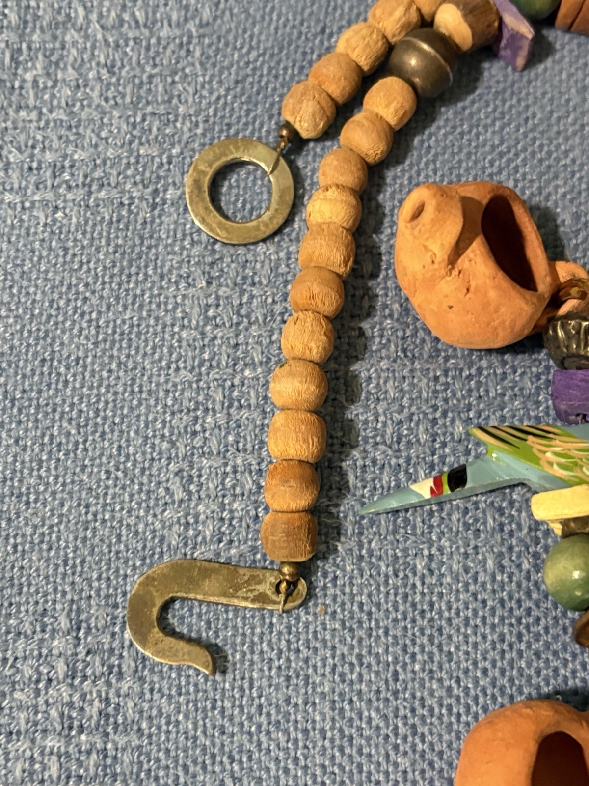 VTG Handmade Worry Doll Clay Pots Wood Metal NECKLACE Guatemala