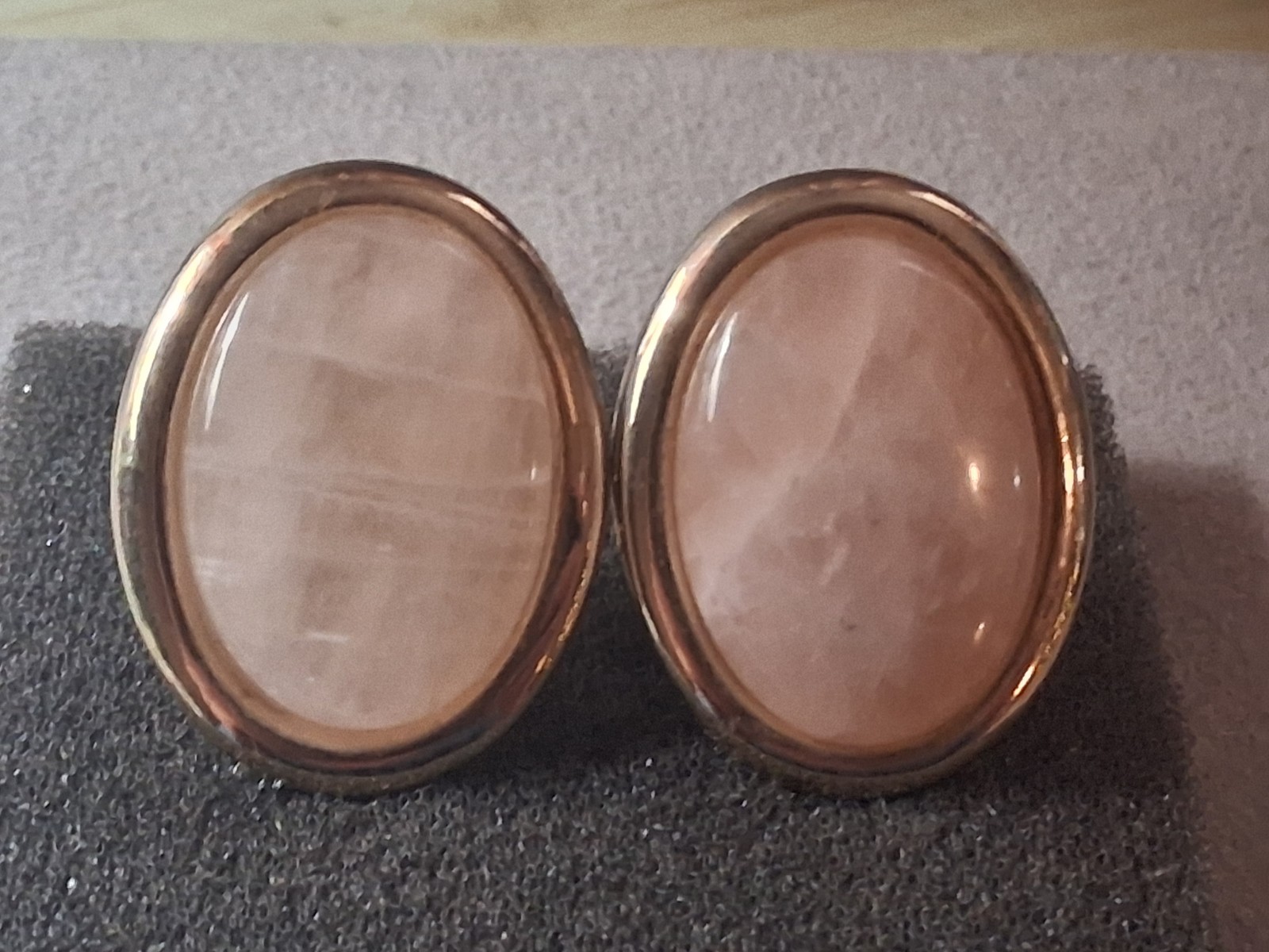 Rose quartz oval cabochon gold plated vintage earrings