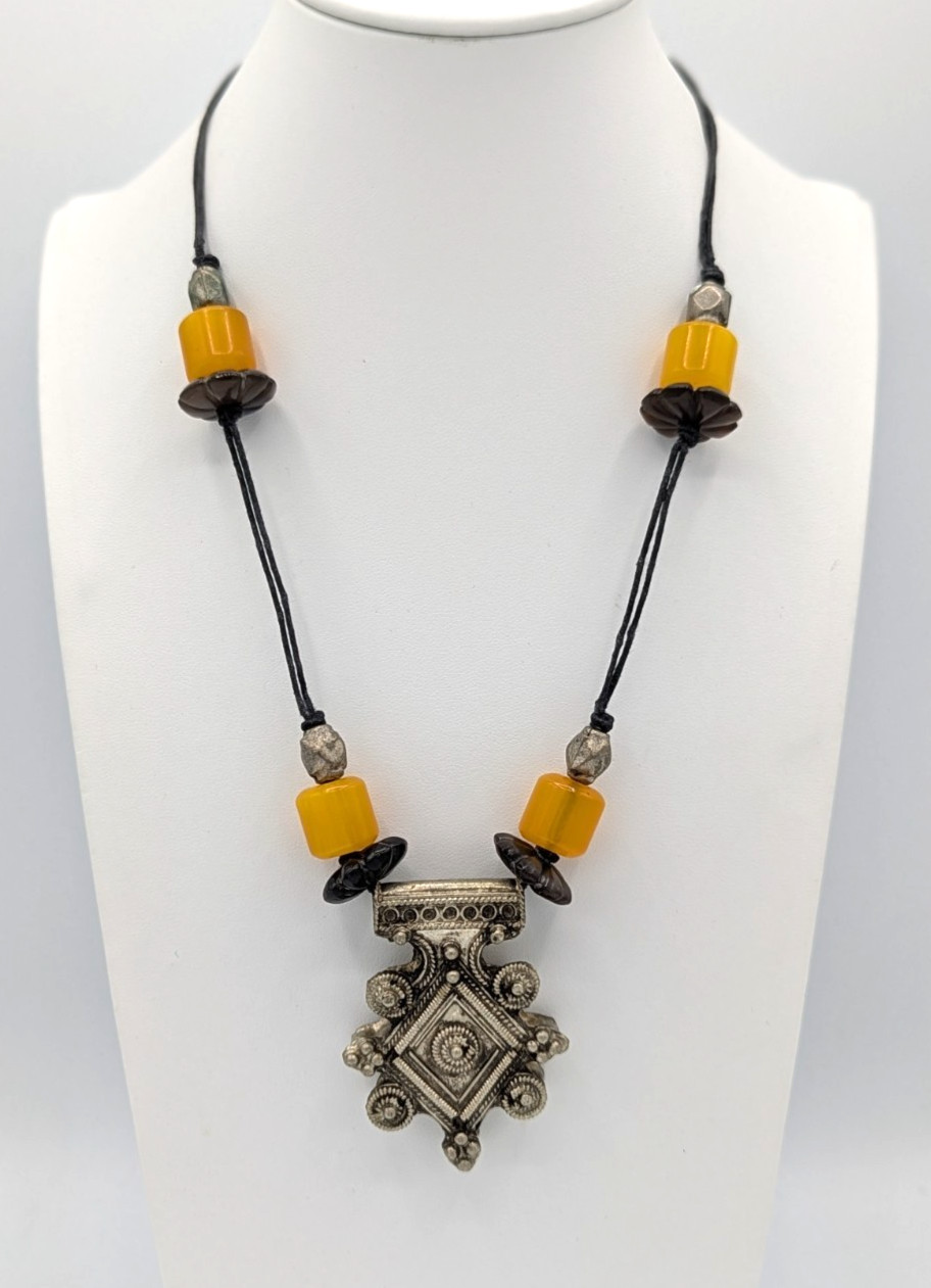 Vintage Coptic Amber Tribal Necklace Yellow Boho Moroccan Berber Amulet Pendant
