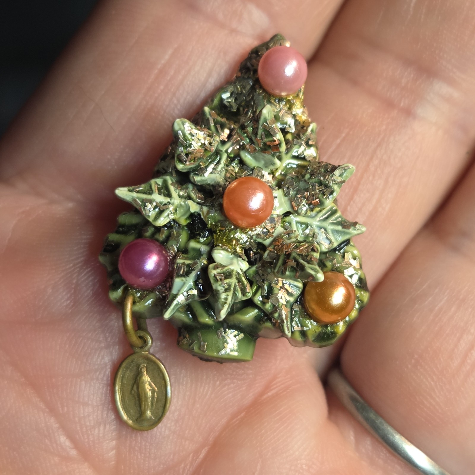 Vintage Christmas Tree Brooch w/ Dangling Micro Devotional Virgin Mary Catholic