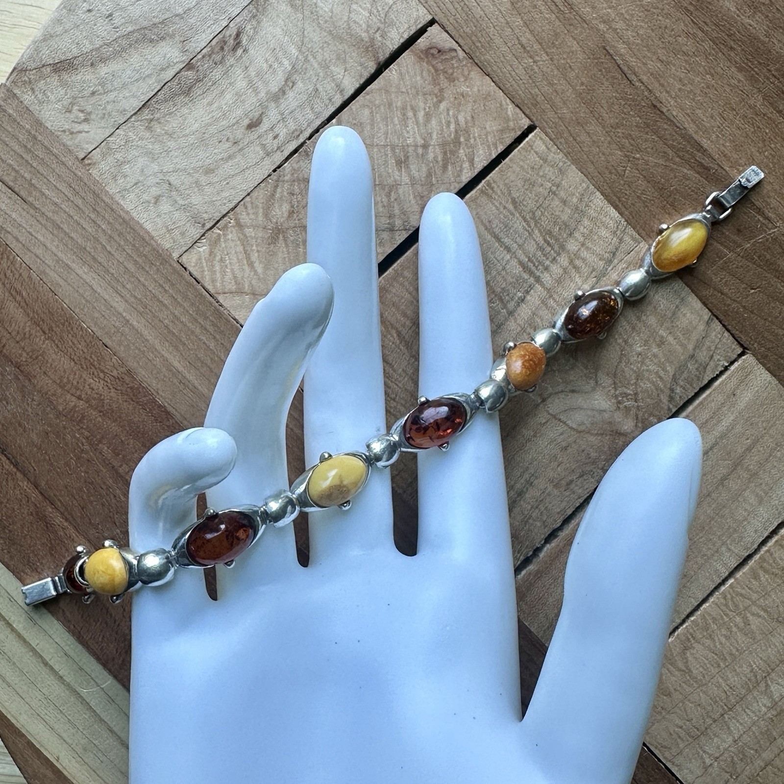 VTG Tennis Link Bracelet 7.25 inches Baltic Amber Egg Yolk 925 Sterling 14.9g