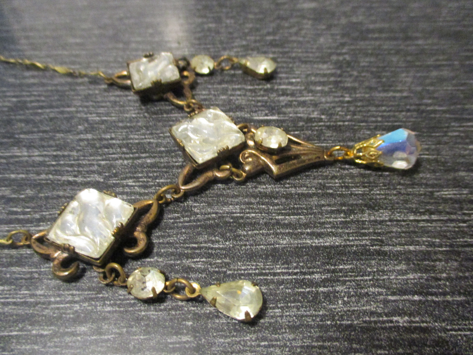 Antique Victorian Edwardian Vintage Dangle Drop Molded Glass Foil Back Necklace