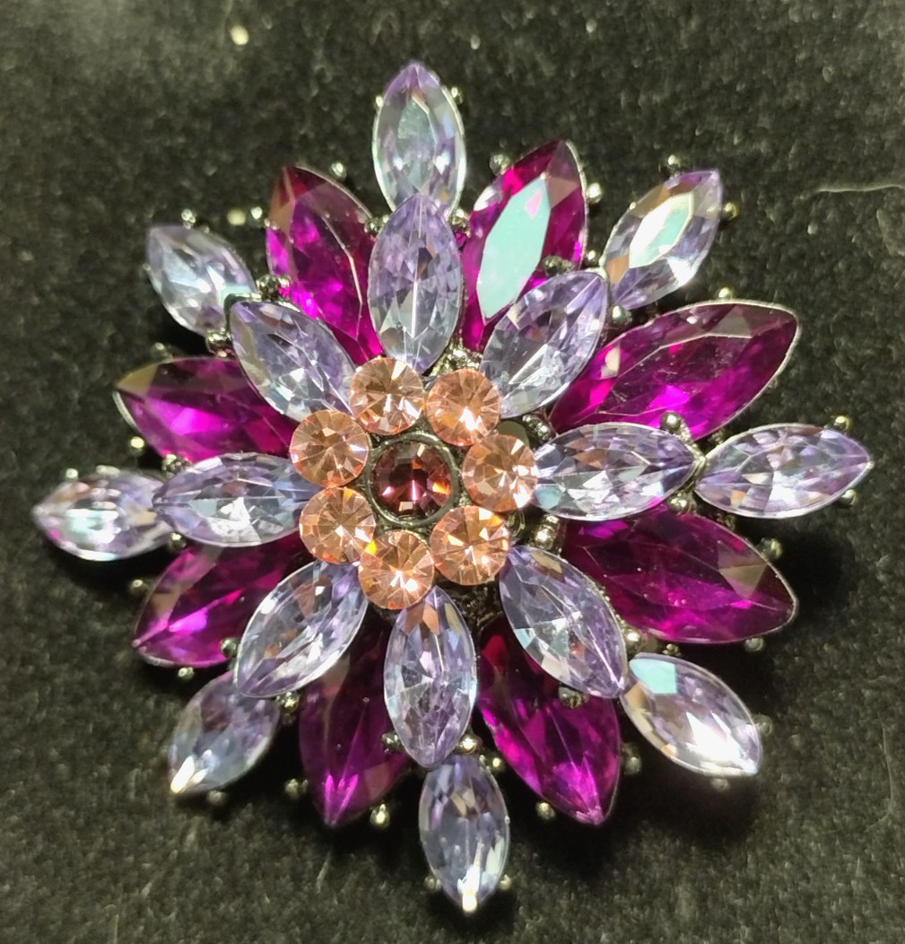 Multicolor Pinks & Purples Rhinestone & Crystals Brooch * Silver Tone Back