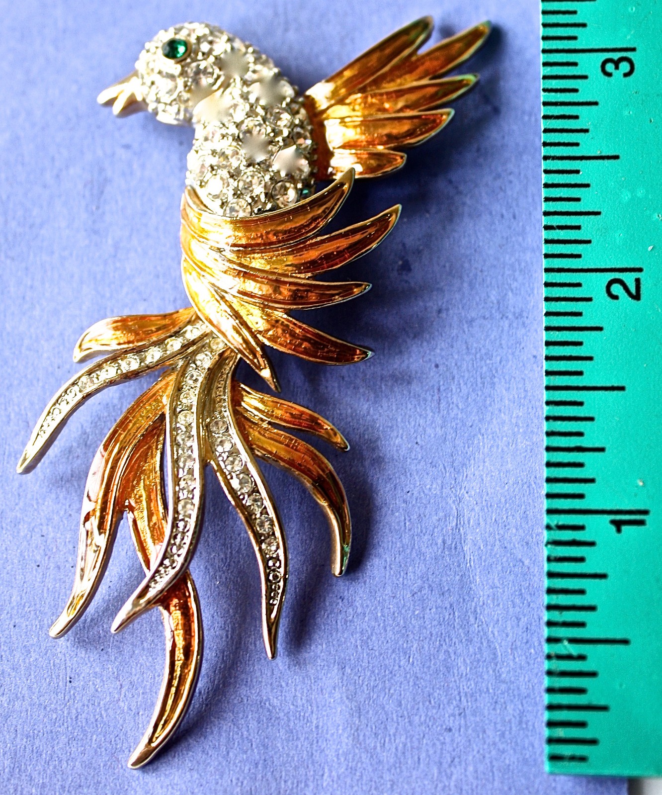 VTG Large Bird Brooch Rhinestone Enamel Gold Tone Art Nouveau Style