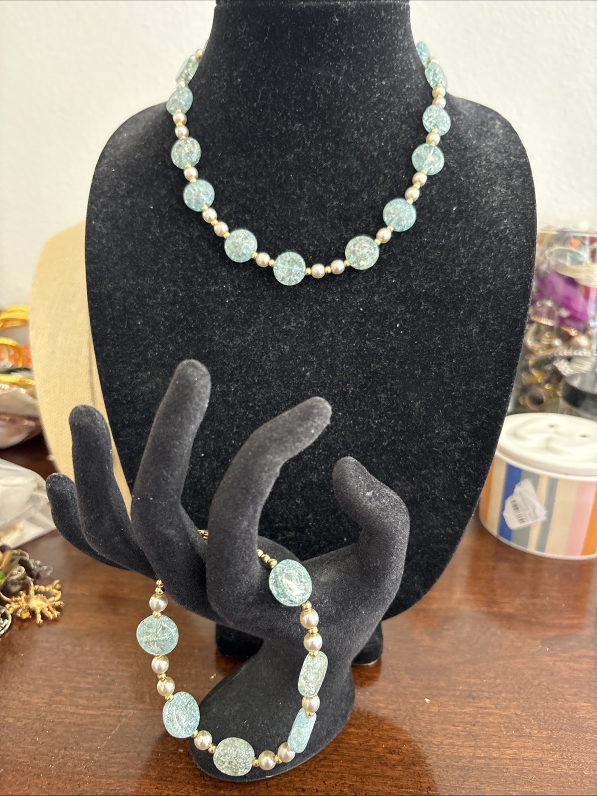 Sterling Silver Vermeil, Blue Glass, Gray Pearl vintage necklace and bracelet