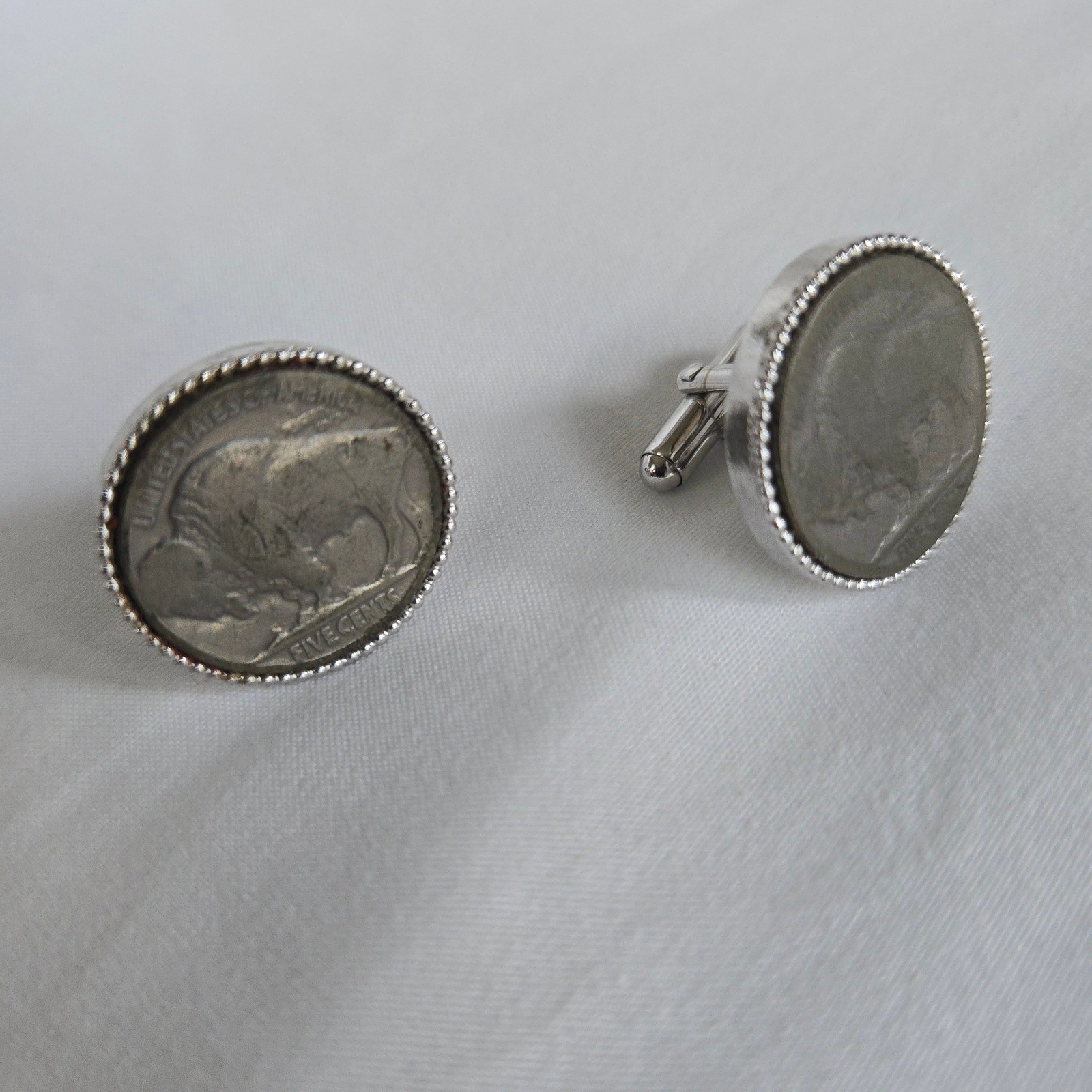 VTG Buffalo Nickel Cufflinks OS Mens Silver Coin Jewelry Five Cents Western USA