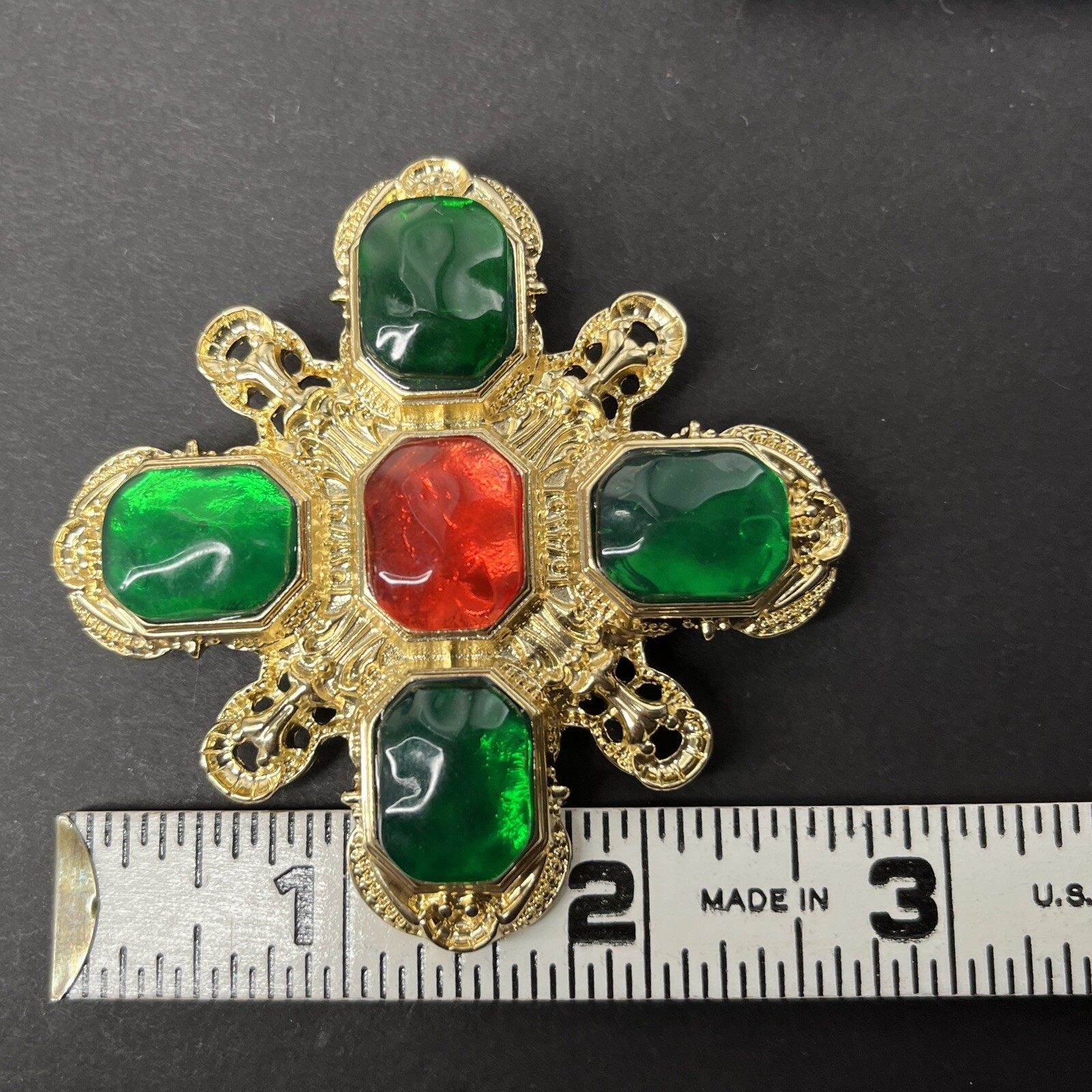 Gripoix Style Poured Resin Maltese Cross Brooch Pin Gold Red Green Ornate