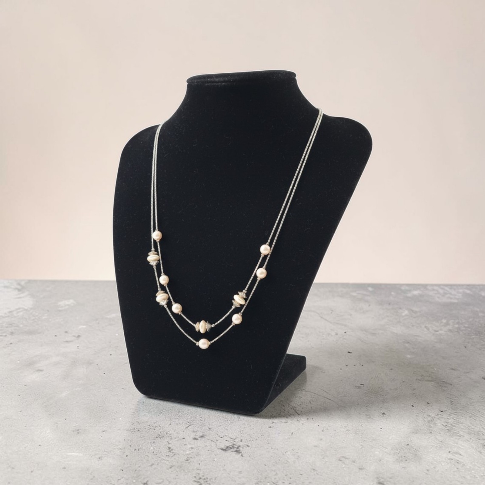 18″ Double Strand Gold-toned Chains W/Light-Colored Beads With Spacers Necklace