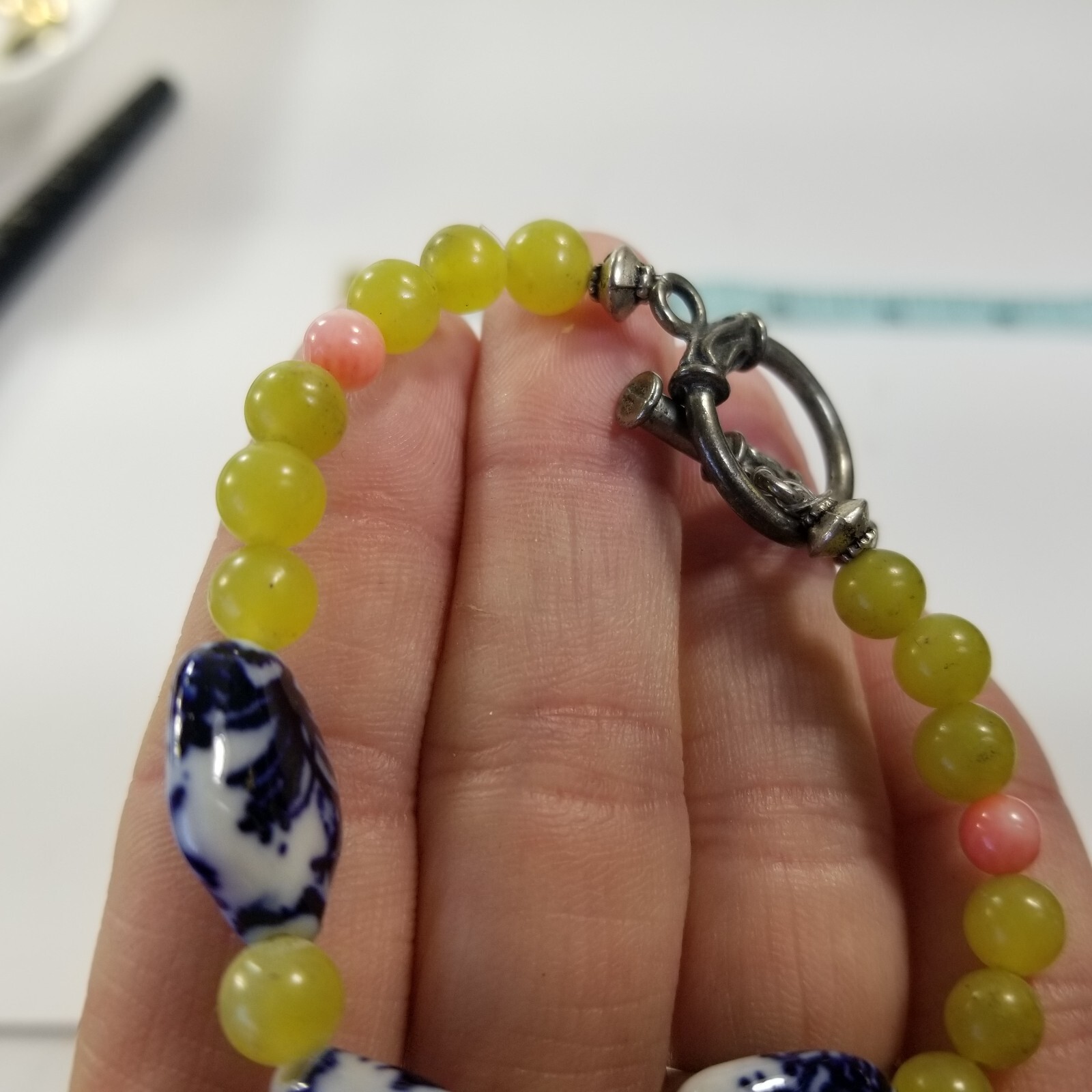 Bracelet Blue White Porcelain with Lemonade Yellow Glass Beads Toggle Closure
