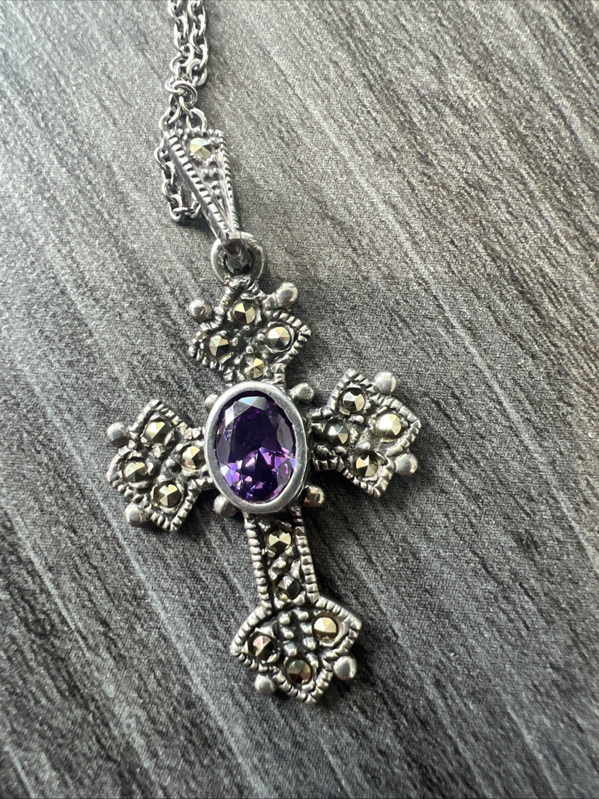 Vintage Signed CW Sterling Silver 925 Amethyst Marcasite Cross Pendant Necklace