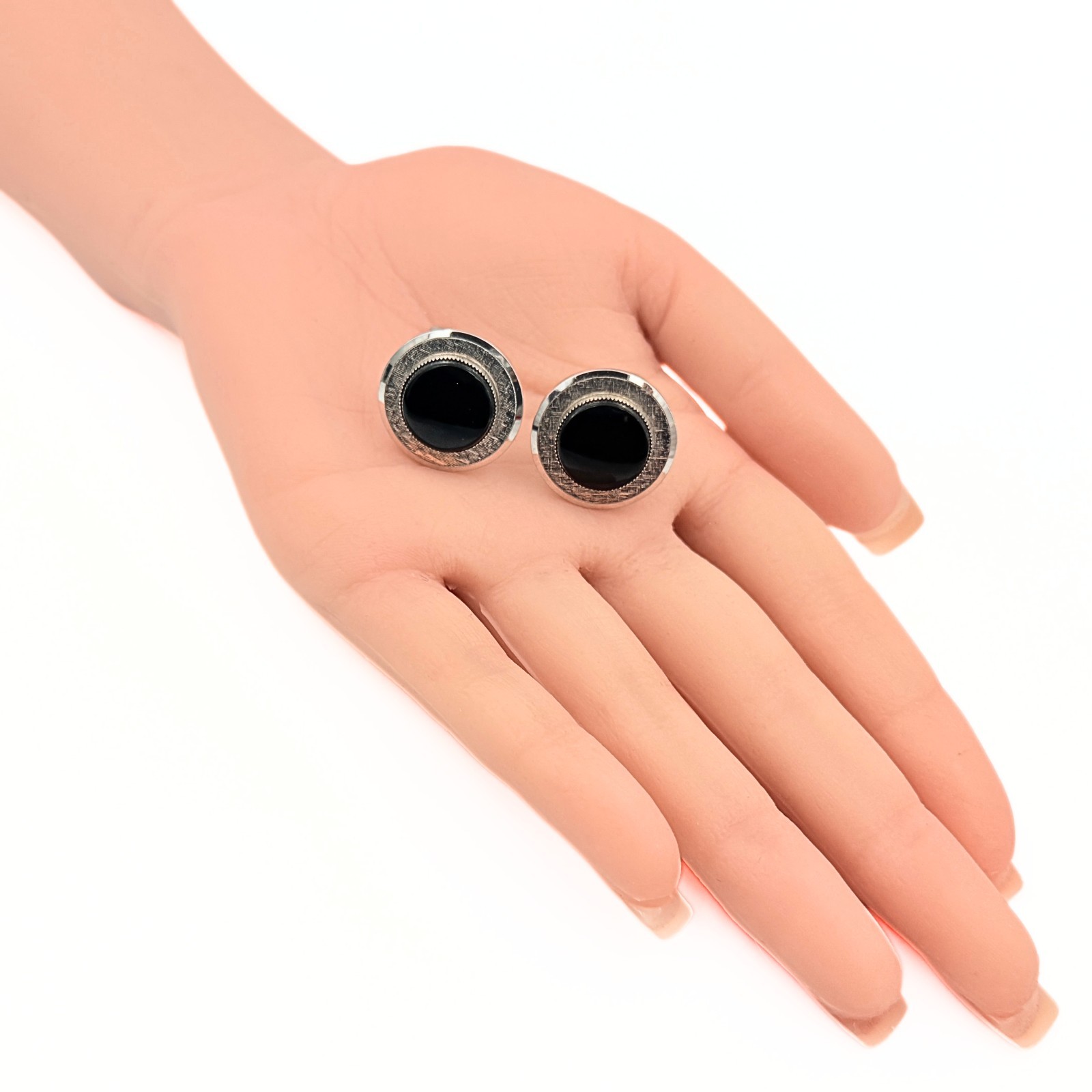Hadley Signed MCM Round Black Glass “Mad Men” Era Textured Cufflinks