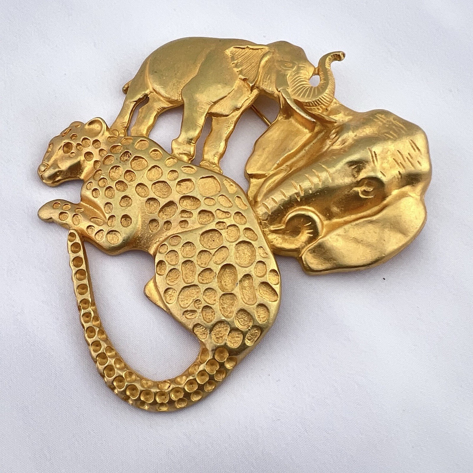 Vintage Safari Brooch Pin Animal Elephant Leopard Large Matte Gold Tone Estate