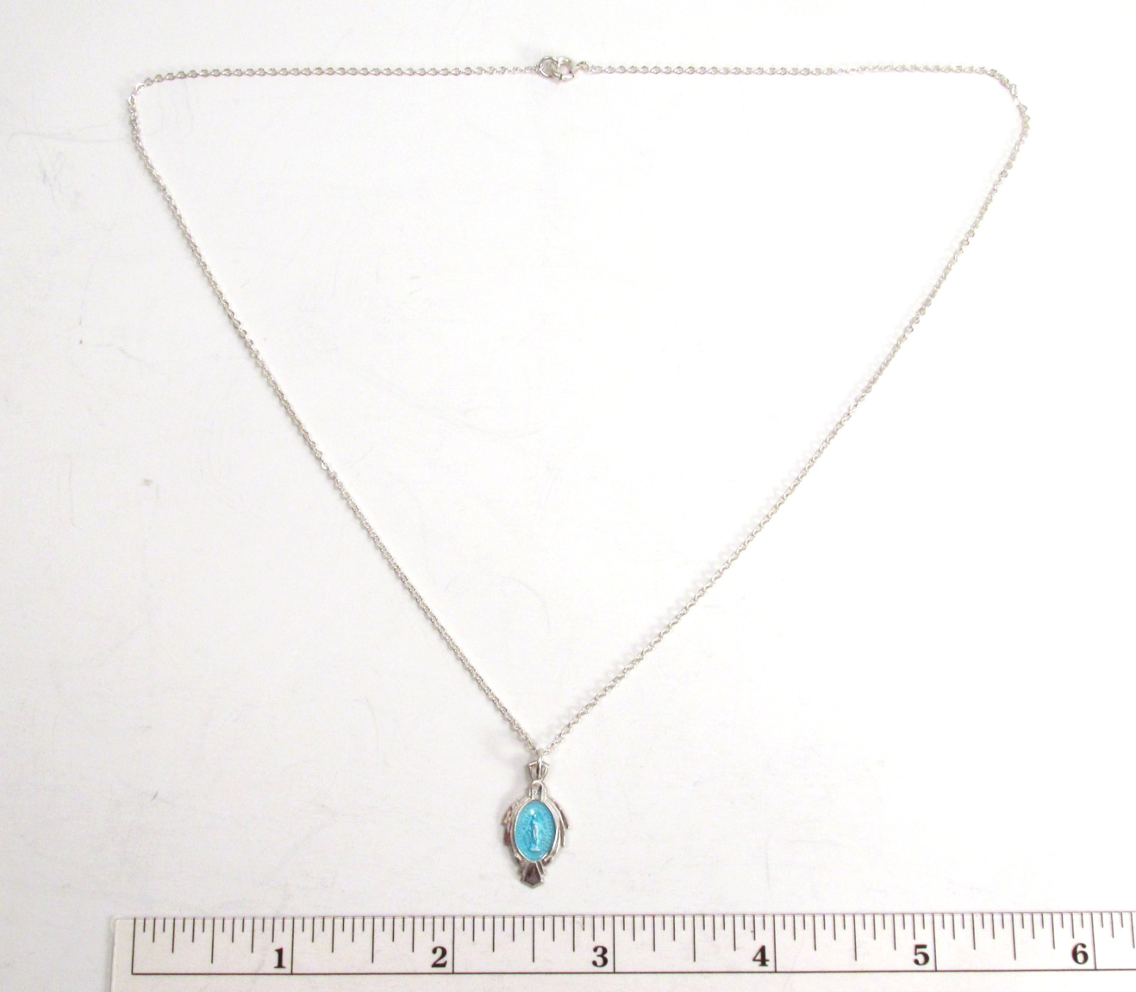 Vtg Catholic Miraculous Medal Sterling Silver Blue Enamel Art Deco Necklace 18″