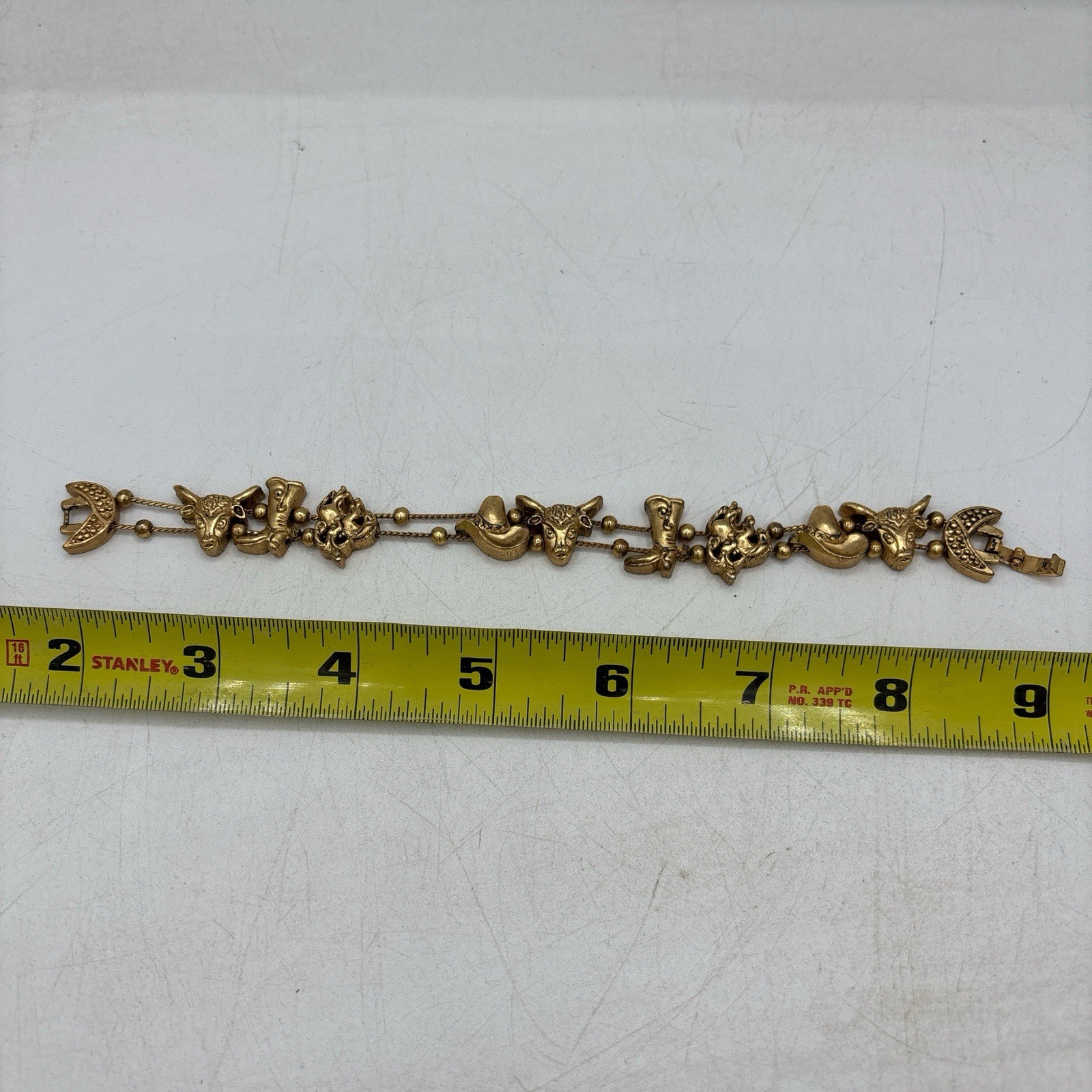 Vintage 90s Western Bracelet Gold Tone Saddle Cowboy Hat Steer Bull Fashion