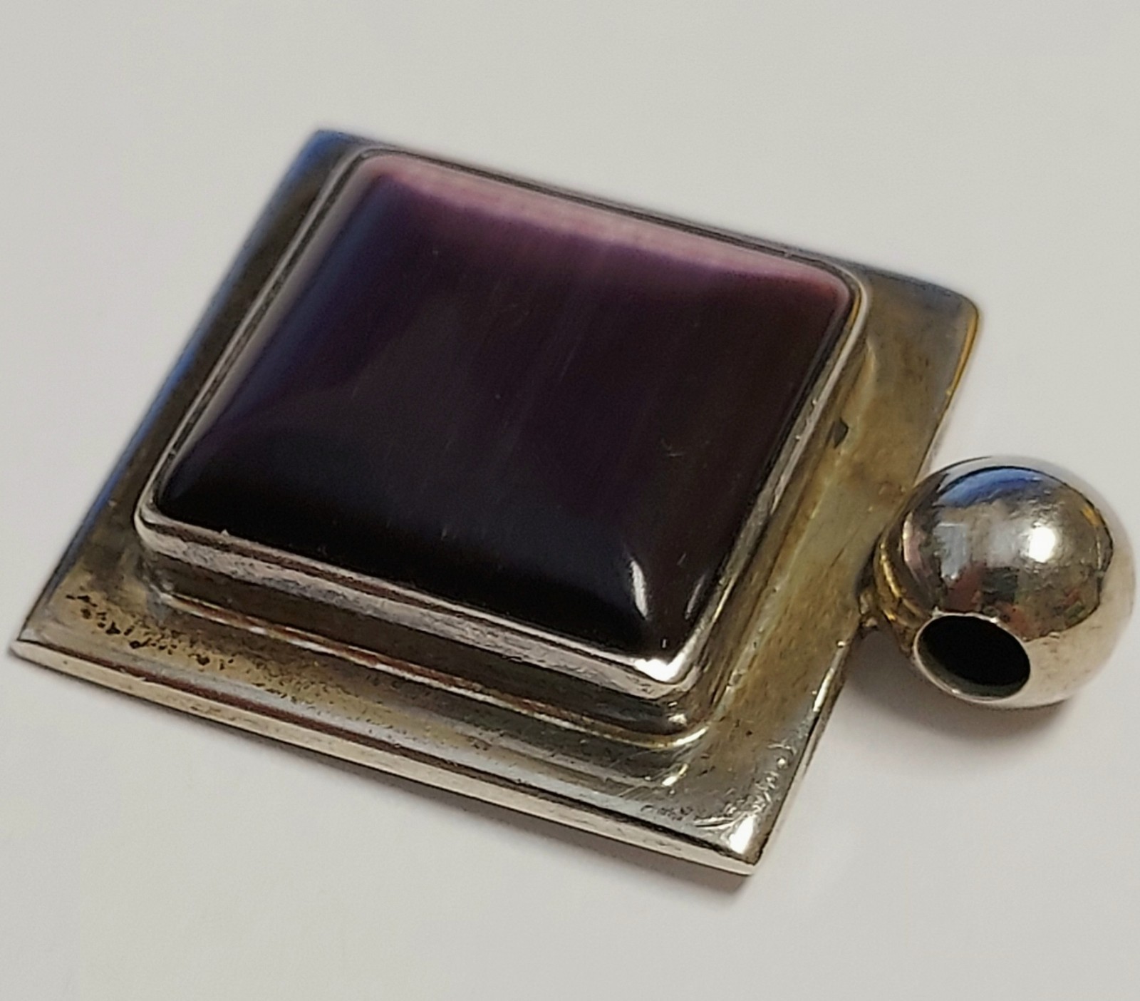 Vintage ATI Mexico Sterling Silver Pendant 925 Purple Stone Cabochon Cats Eye