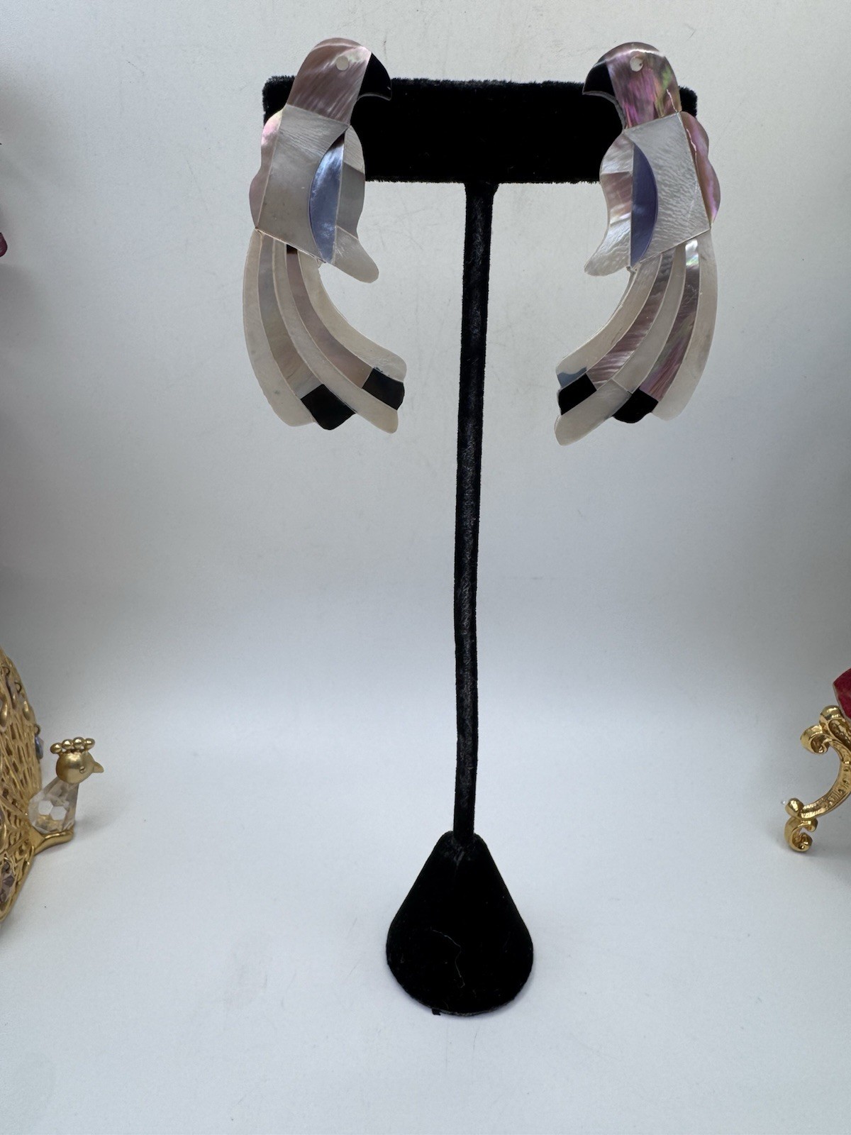 Vintage Hadley Inlaid Abalone & Mother of Pearl Bird Earrings