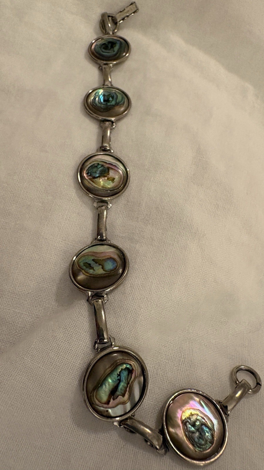Vintage Hoffman Abalone Shell Link Bracelet Iridescent Paua Silver Tone 7.78”