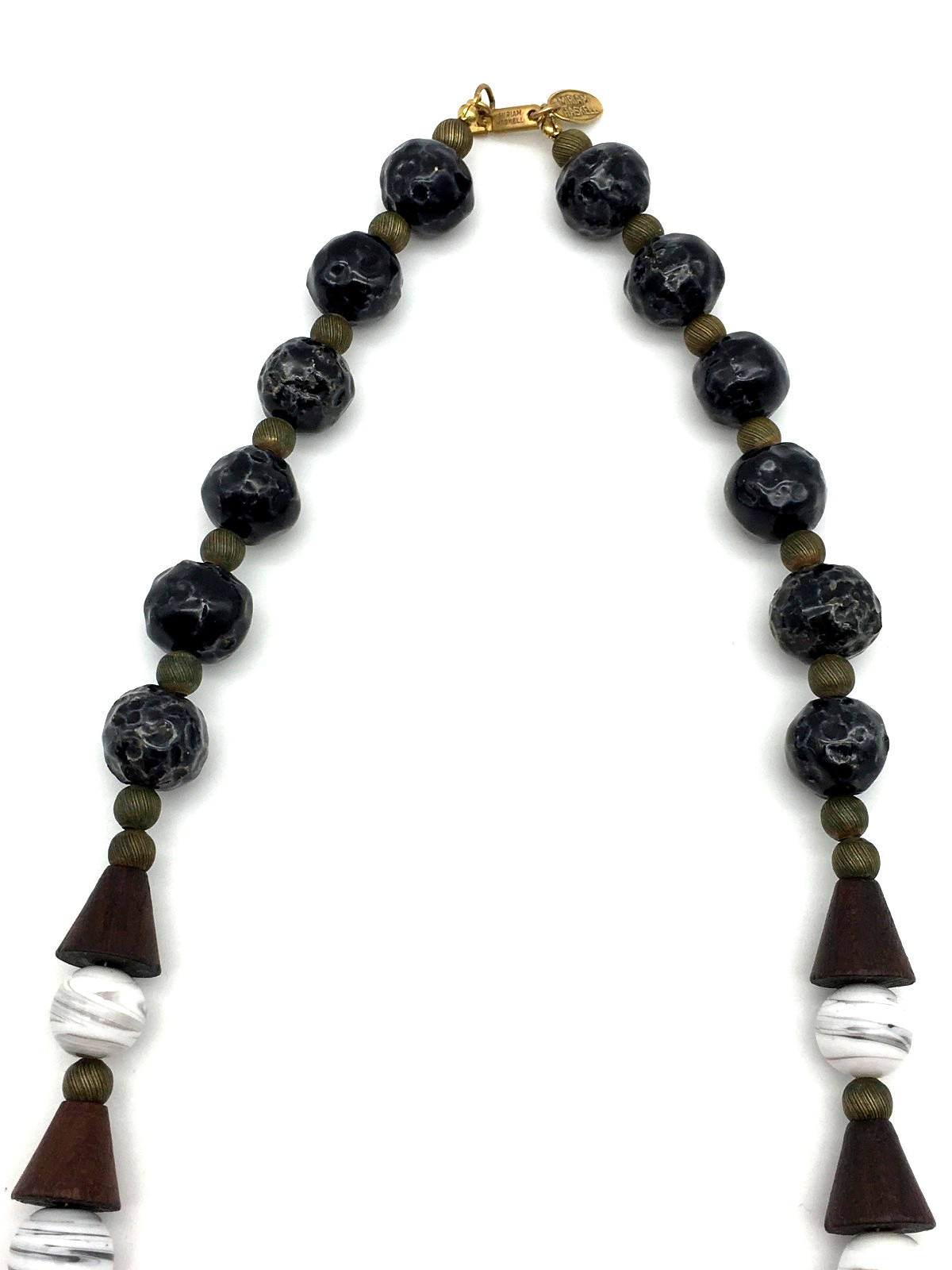Miriam Haskell Signed Black Ceramic Cone Wood White Art Glass Beads 24″ Necklace