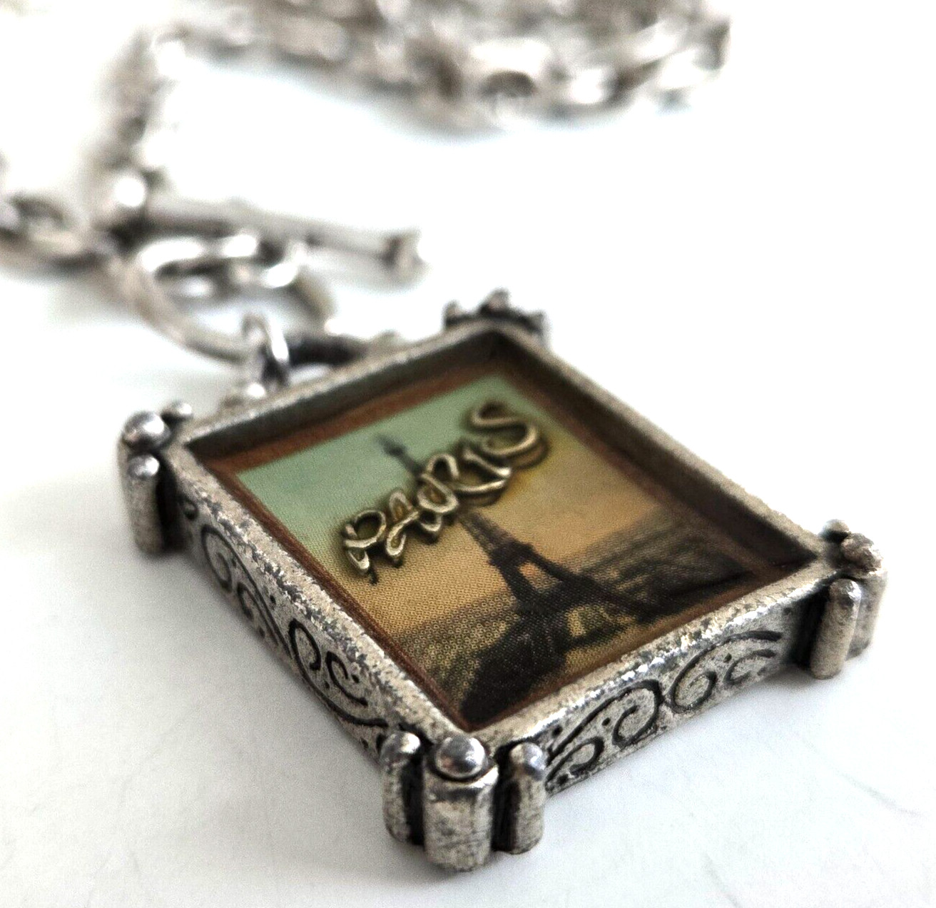 Vintage Victorian Collection Paris Pendant Silver Tone Chain Necklace 16″