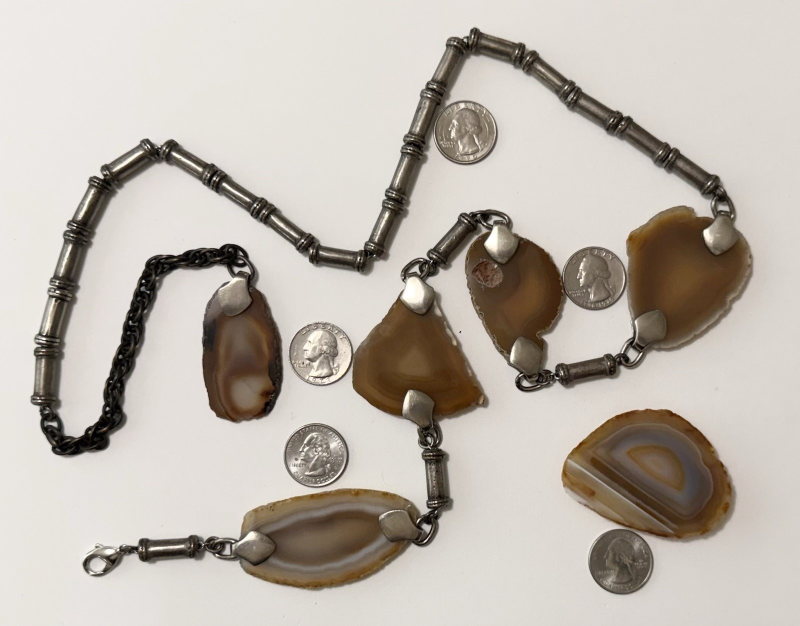Modernist Pewter Tube Bead & Agate Geode Slices Chain Belt or Necklace 34”- 40”