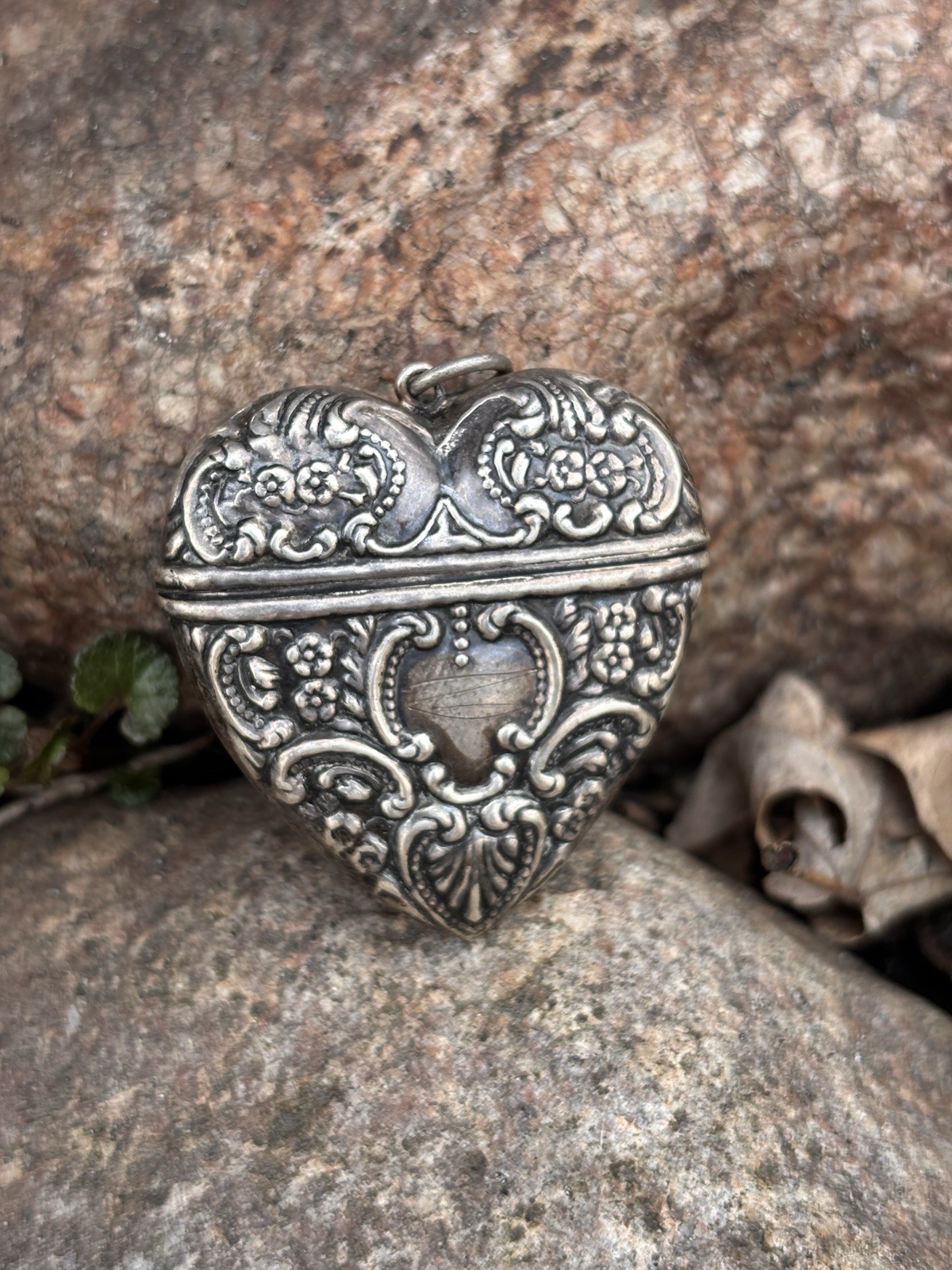 Sterling Silver Heart Repousse Victorian style Large box vintage Pendant 1900s