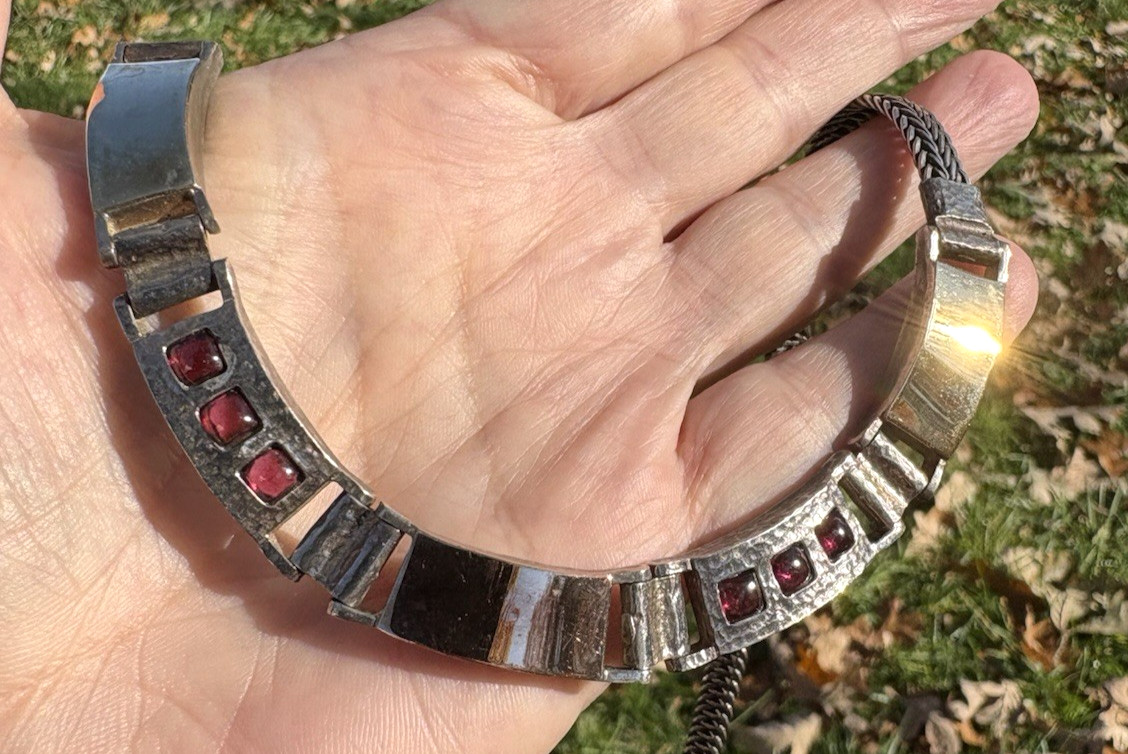 Italy Necklace Modernist Garnets Red Mesh Chain Sterling Silver Gold Plate Heavy