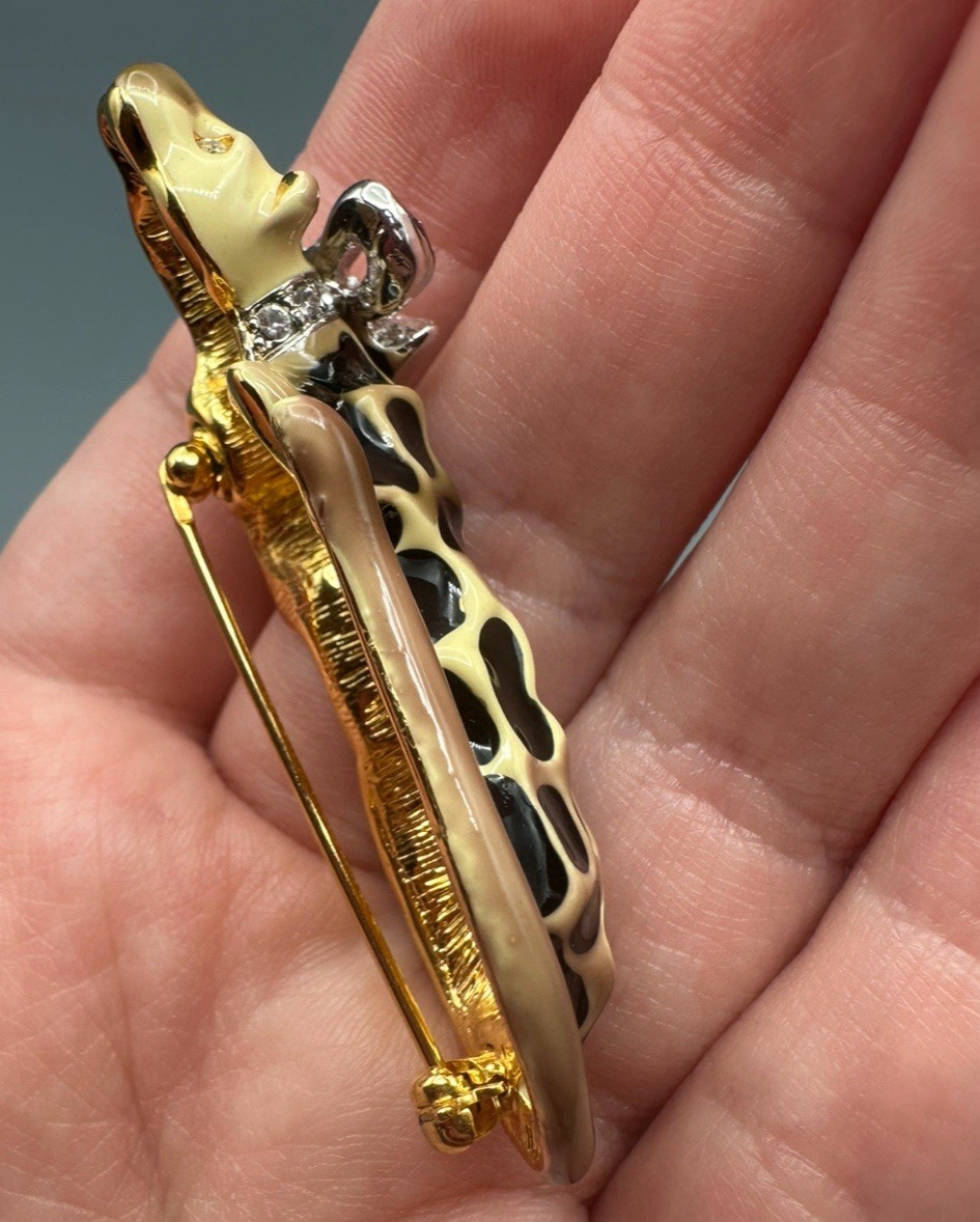 Signed KJL Kenneth Jay Lane Leopard With Crystal Bow Brooch Pin