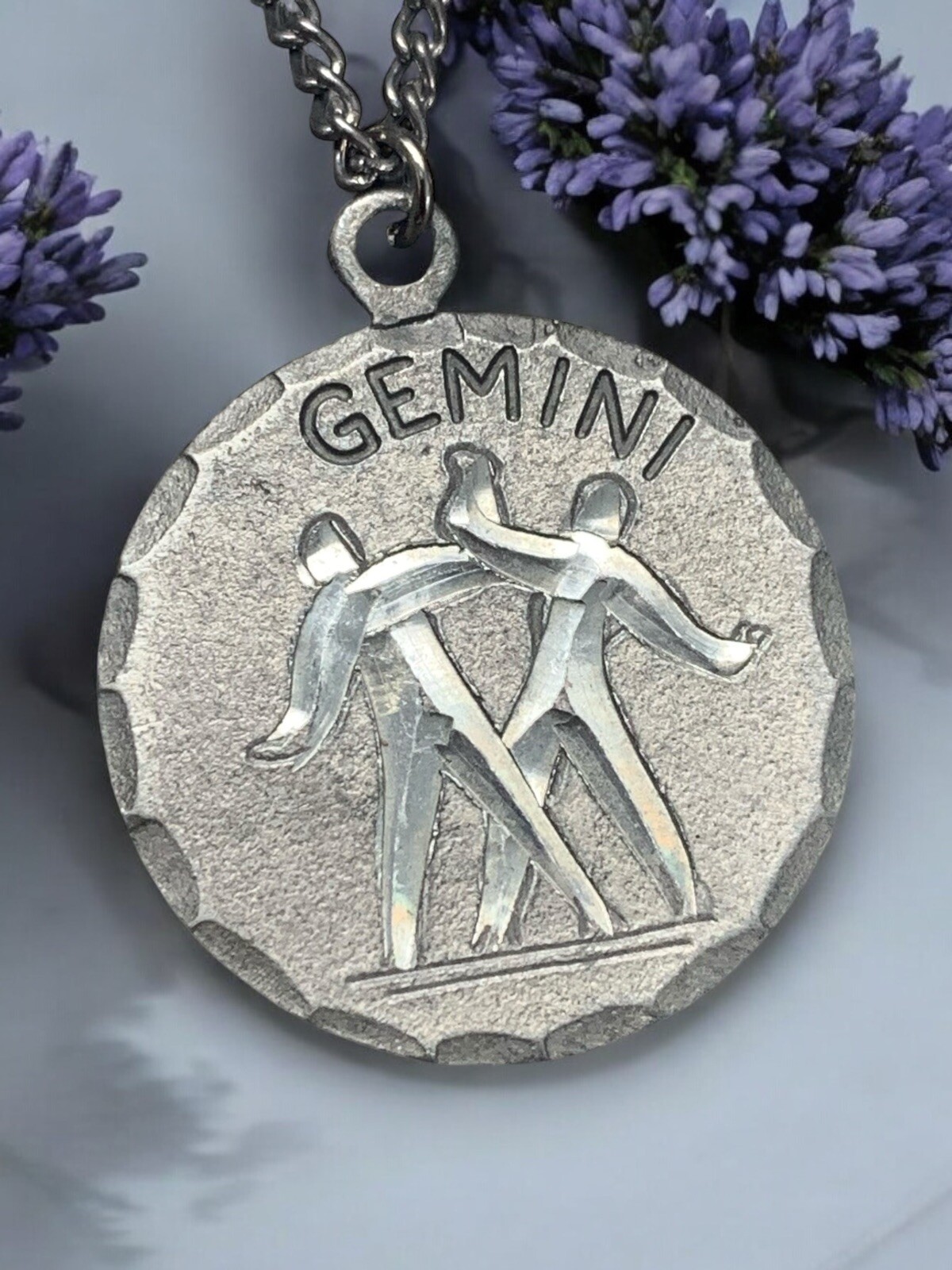 Vintage Pewter BDA Zodiac astrology Gemini Horoscope Pendant Necklace 18”
