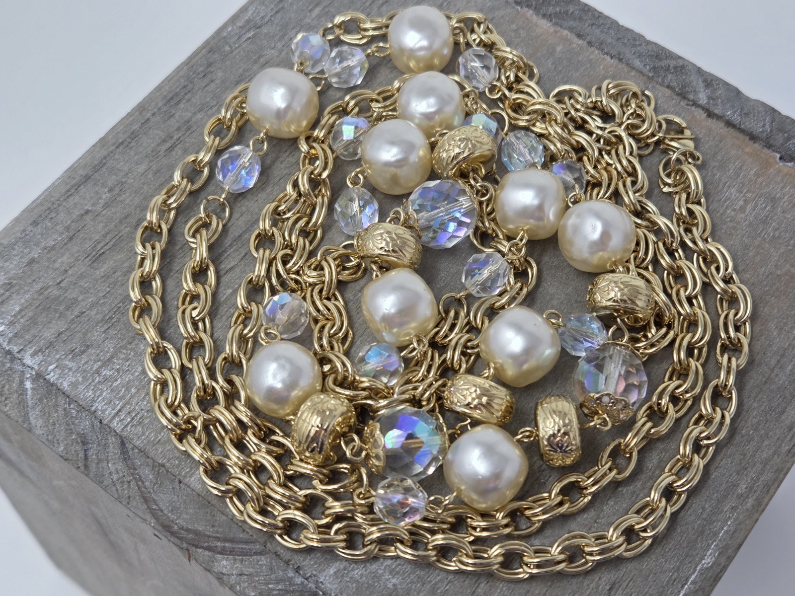Gold Tone AB Crystal & Faux Pearl Chain Necklace 60 Inches Long Vintage