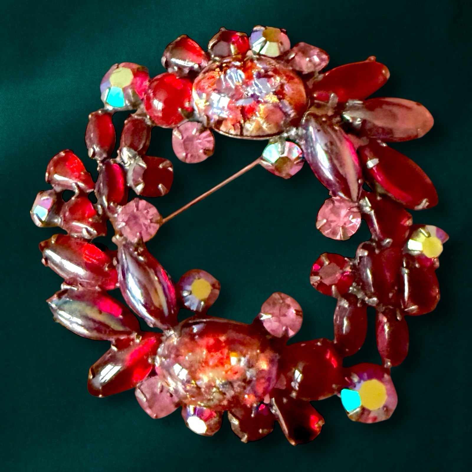 Red Rhinestone Brooch Large Art Glass Confetti Cabochon Vintage 3 Inch