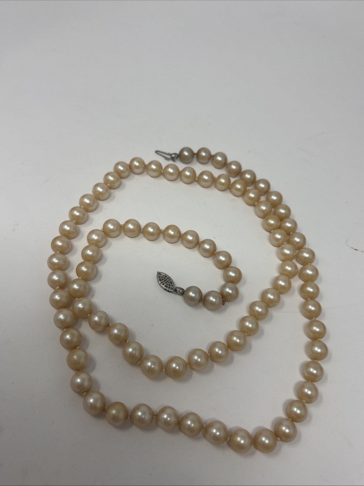 Vintage Art Deco Faux Pearl Necklace Sterling Filigree Fish Hook Clasp