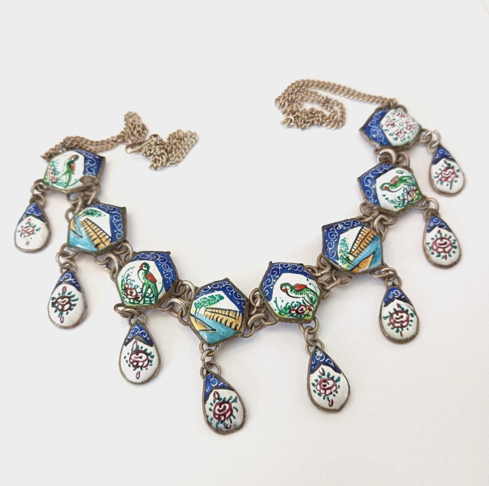 Boho Folk Art Middle Eastern Enamel Chandelier Necklace Blue Birds Landscape VTG