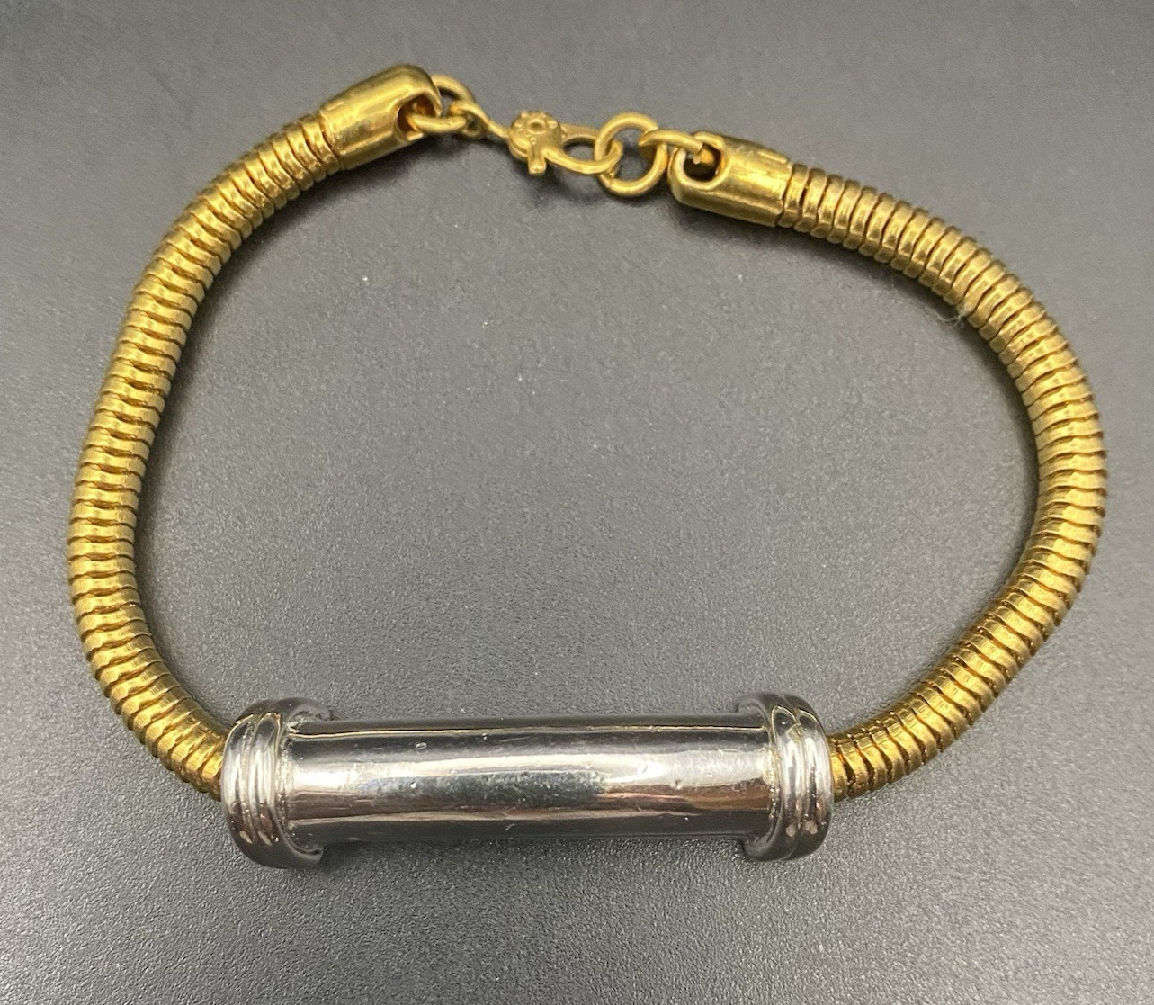 Monet Vtg Snake Chain Bracelet Gold Silver Tone Bar Accent 7.25″ Sister LOOK