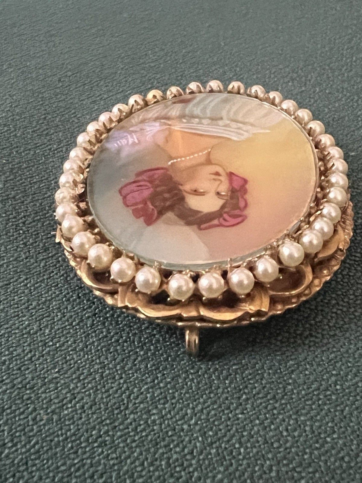 ORIGINAL BY ROBERT SIGNED HAND PAINTED PORTRAIT BROOCH FAUX PEARLS FRAMED SIGNED
